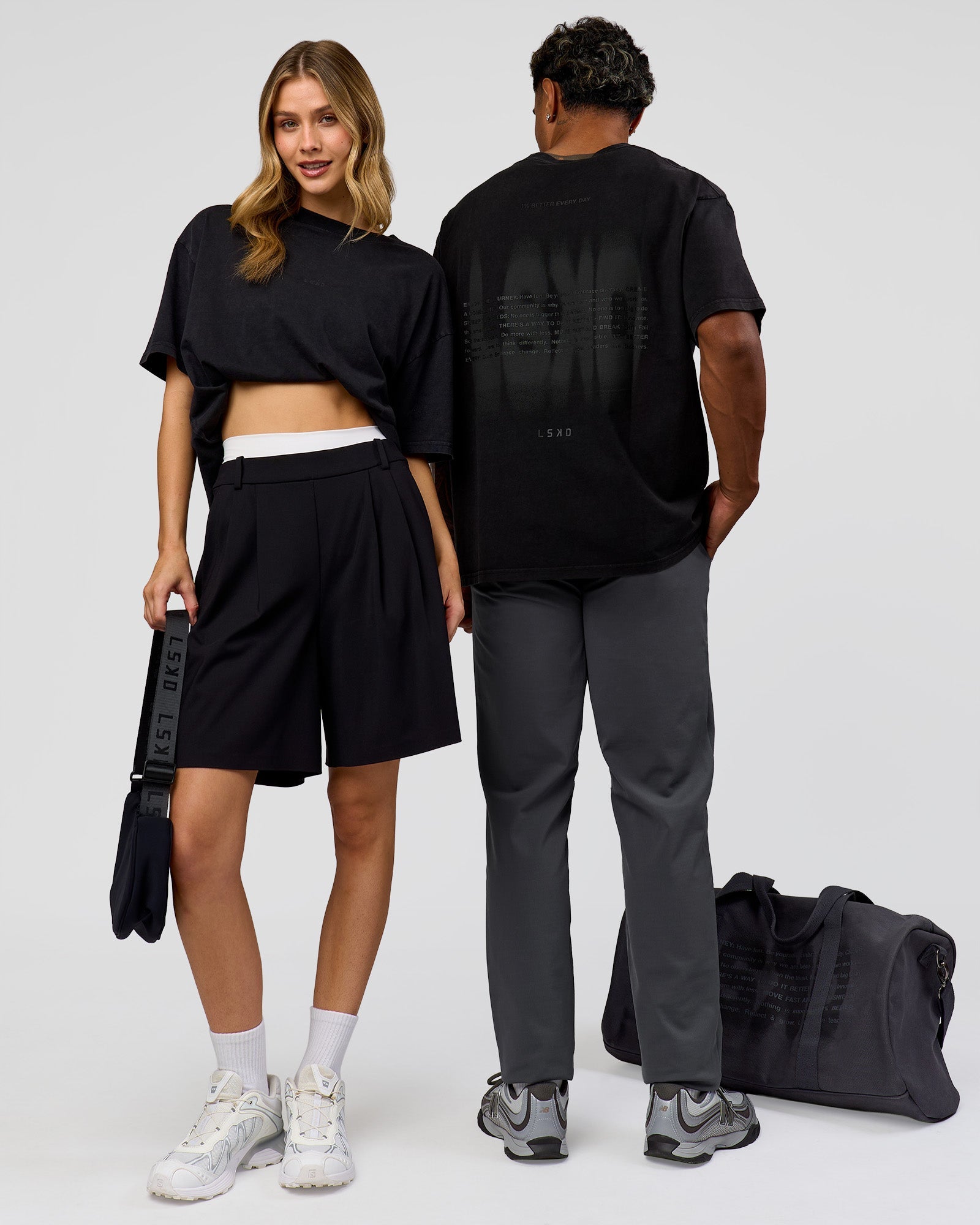 Duo wearing Memory in Motion Heavyweight Oversized Tee - Black Washed | Model:Both | Size:Duo