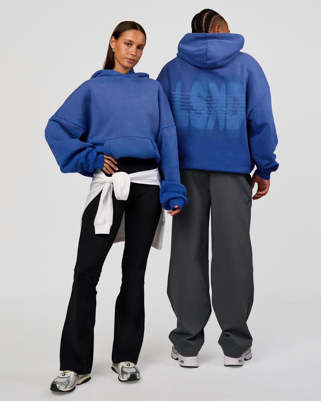 Duo wearing Memory In Motion Ultra Heavyweight Washed Hoodie - Electric Indigo Washed | Model:Both | Size:Duo