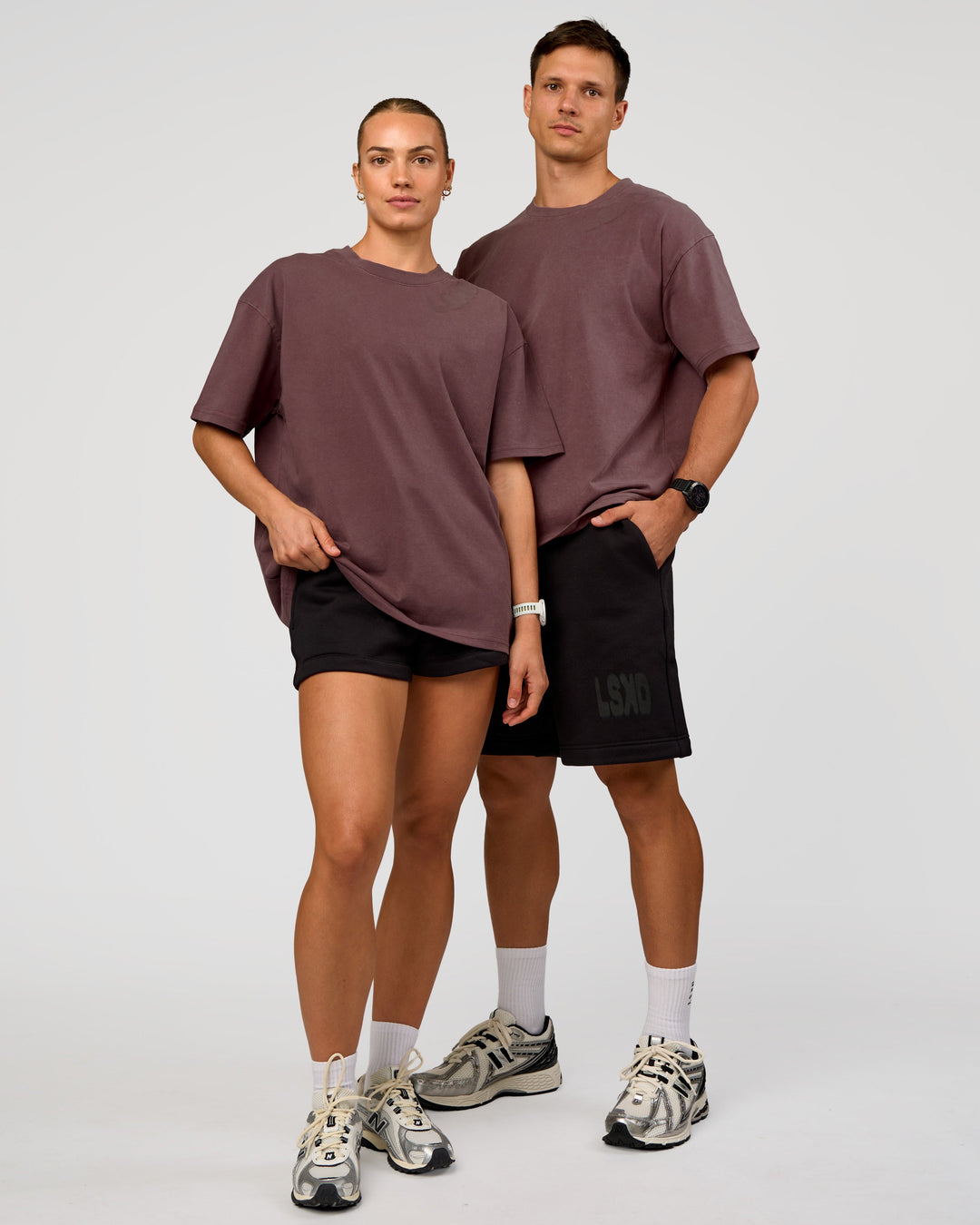 Duo wearing Offset Heavyweight Unisex Oversized Tee - Cocoa Powder-Cocoa Powder | Model:Both | Size:Duo