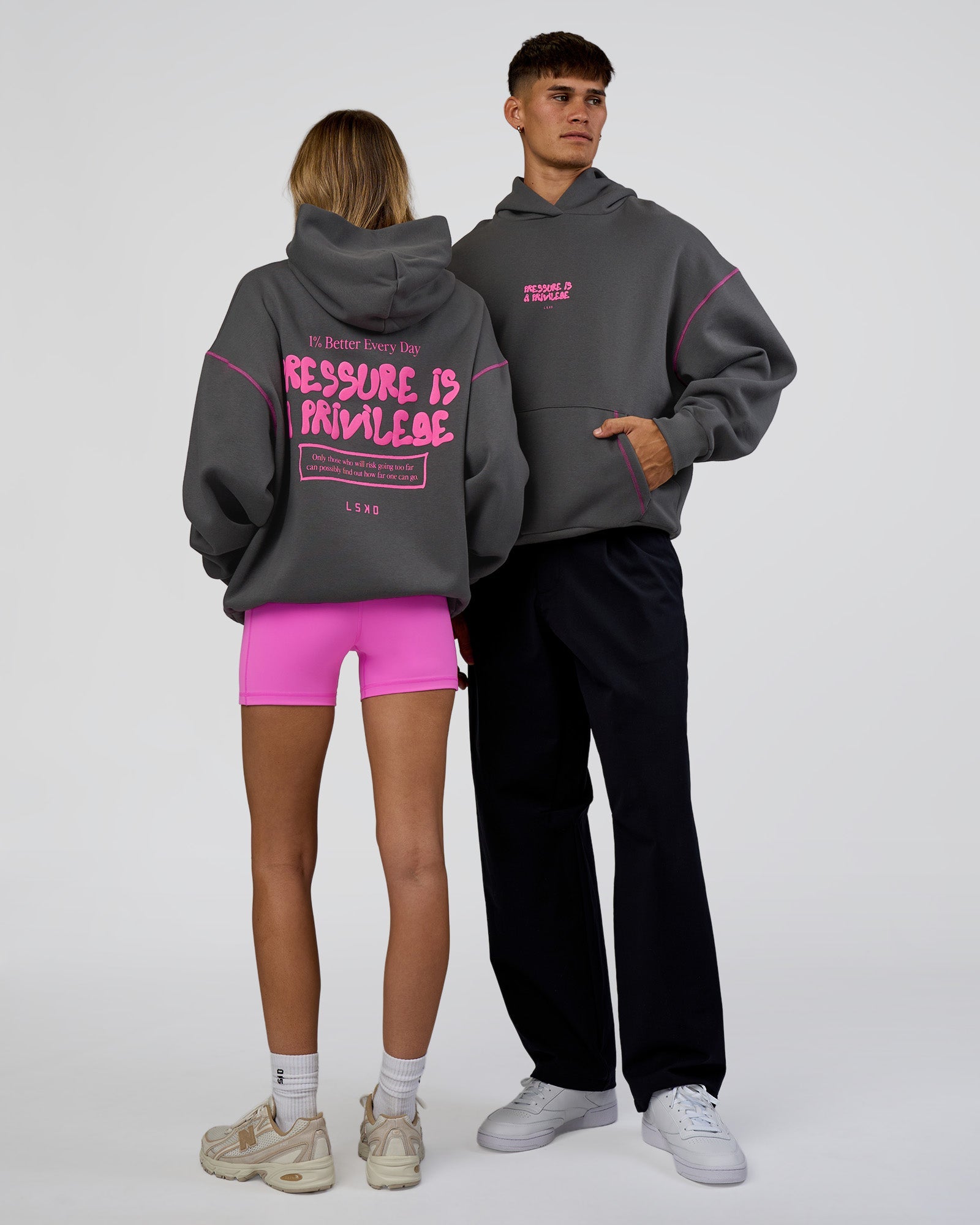 Duo wearing Pressure is Privilege Oversized Hoodie - Dark Storm-Ultra Fuchsia | Model:Both | Size:Duo