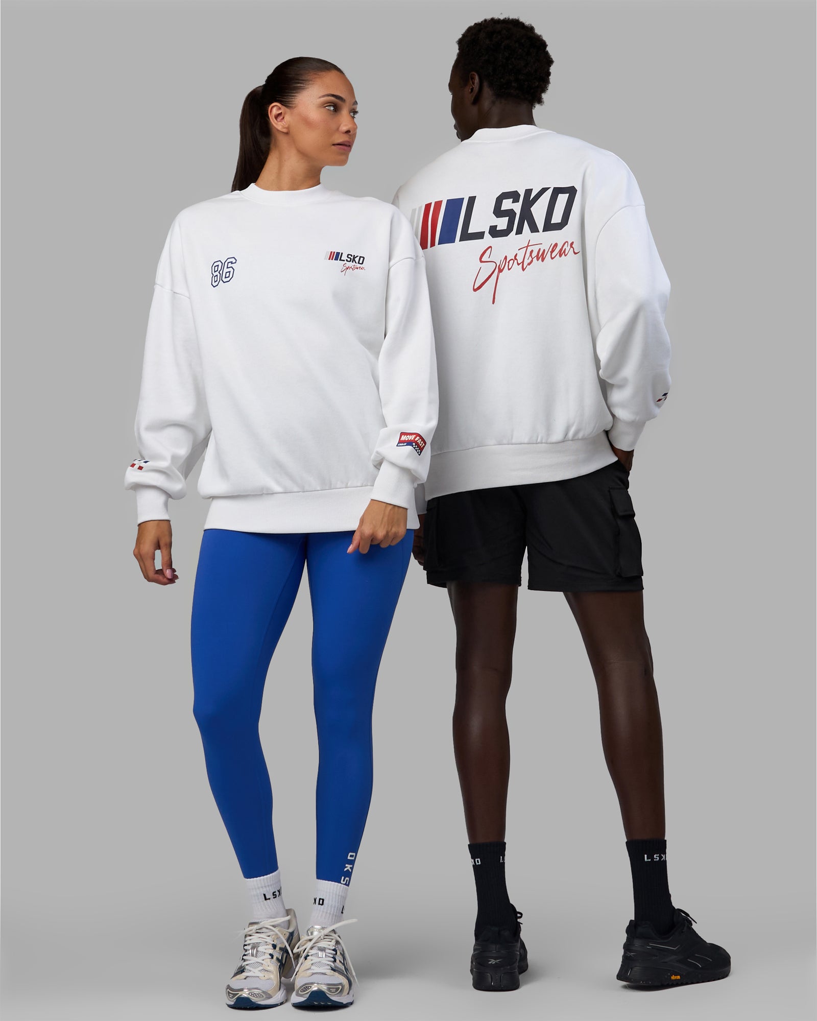Duo wearing Unisex Redline Sweater Oversize - White-Navy