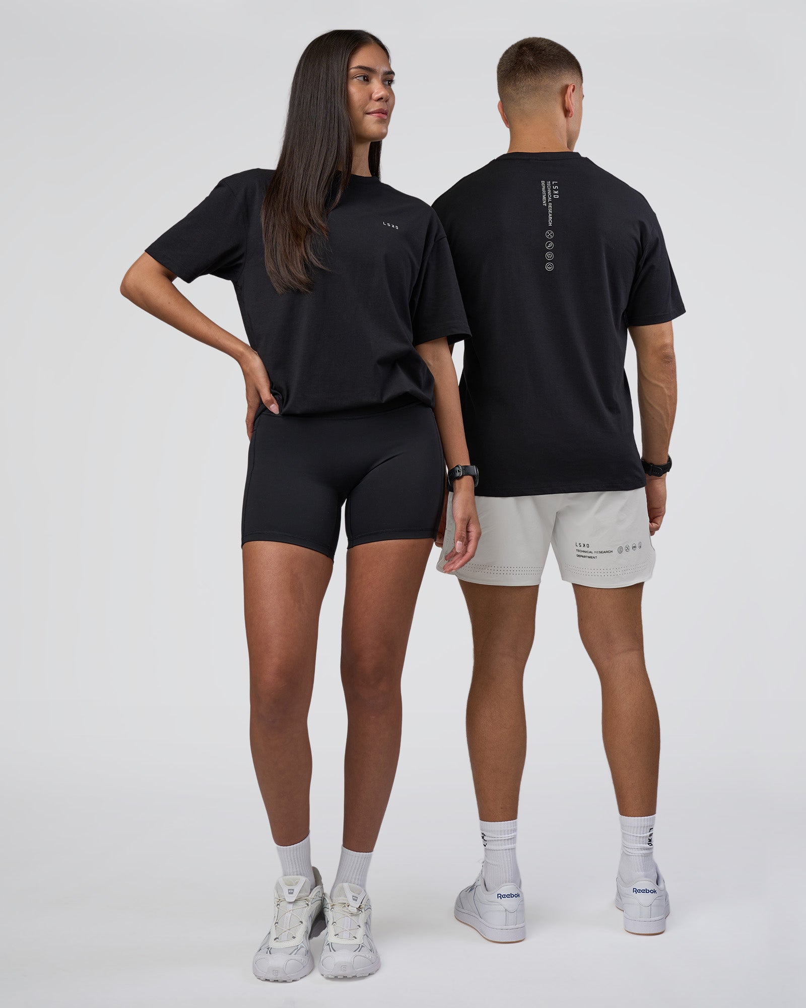 Duo wearing Research Department FLXCotton Oversized Tee - Black | Model:Both | Size:Duo