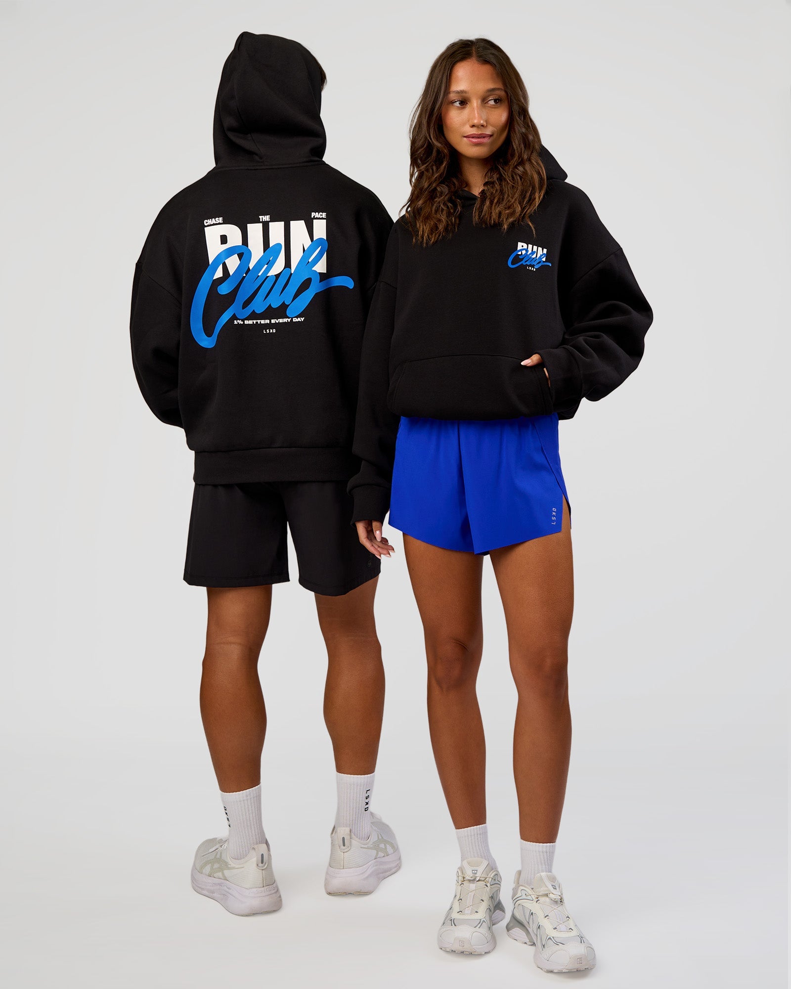 Duo wearing Run Club Script Oversized Hoodie - Black-Palace Blue | Model:Both | Size:Duo