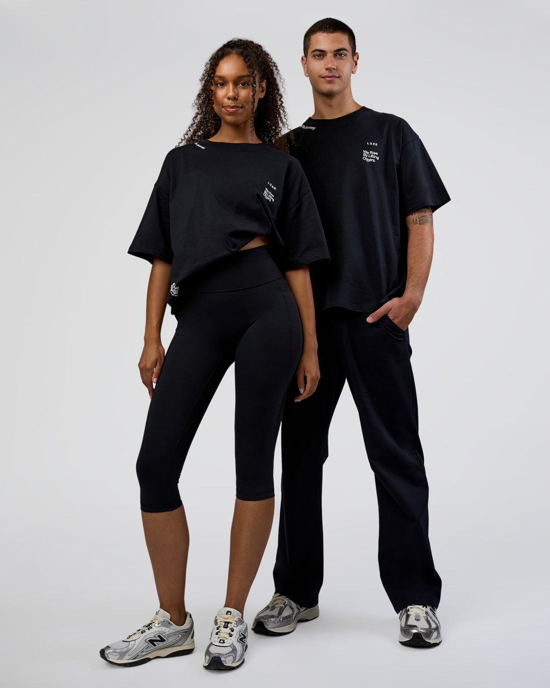Duo wearing Sticker Heavyweight Oversized Tee - Black-White | Model:Both | Sizw:Duo