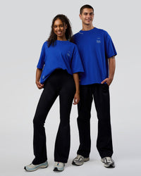 Duo wearing Sticker Heavyweight Oversized Tee - Electric Indigo-Baltic Sea | Model:Both | Size:Duo