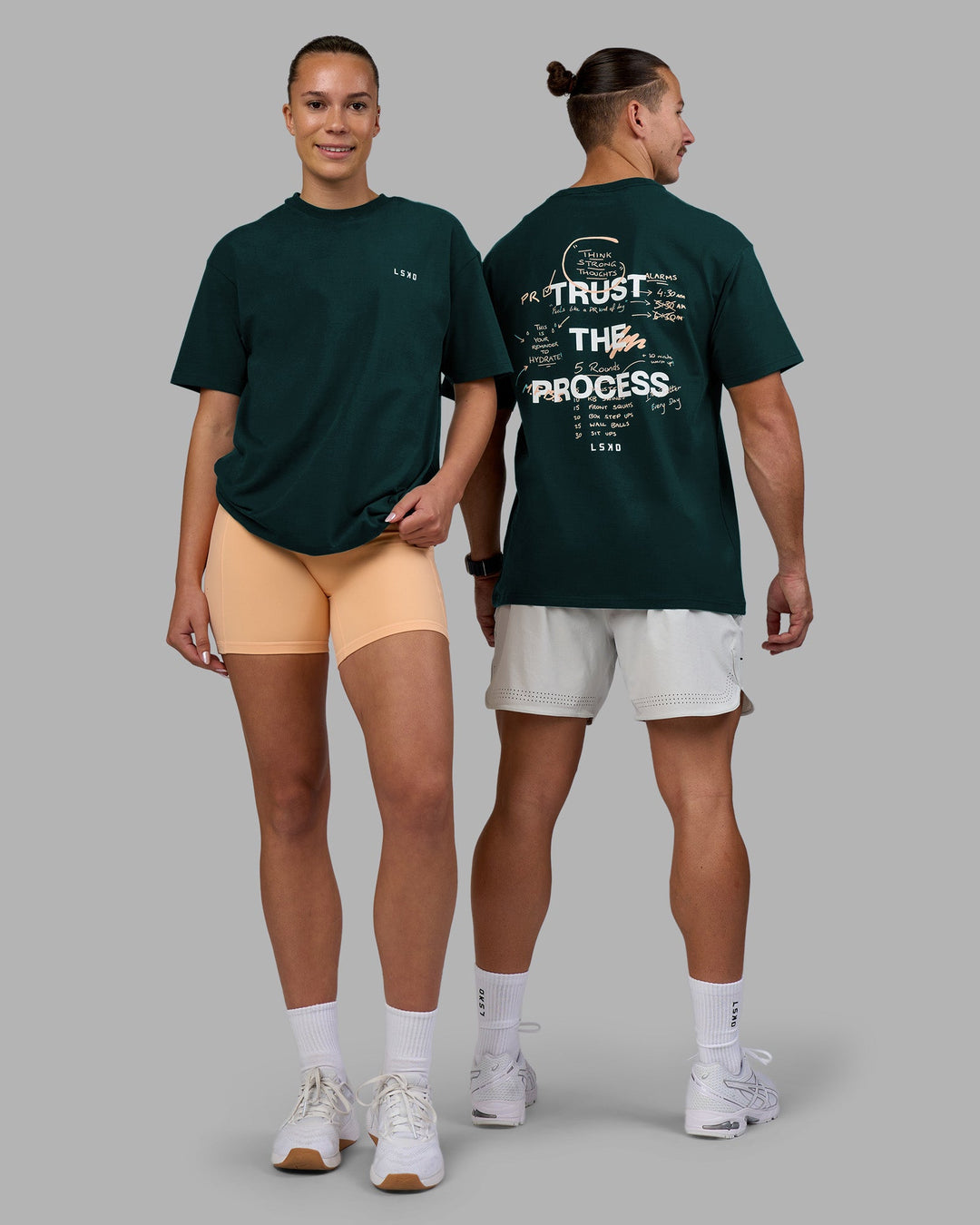 Duo wearing Think Strong Heavyweight FLXCotton Tee Oversize - Dark Moss-Off White | Model:Both | Size:Duo