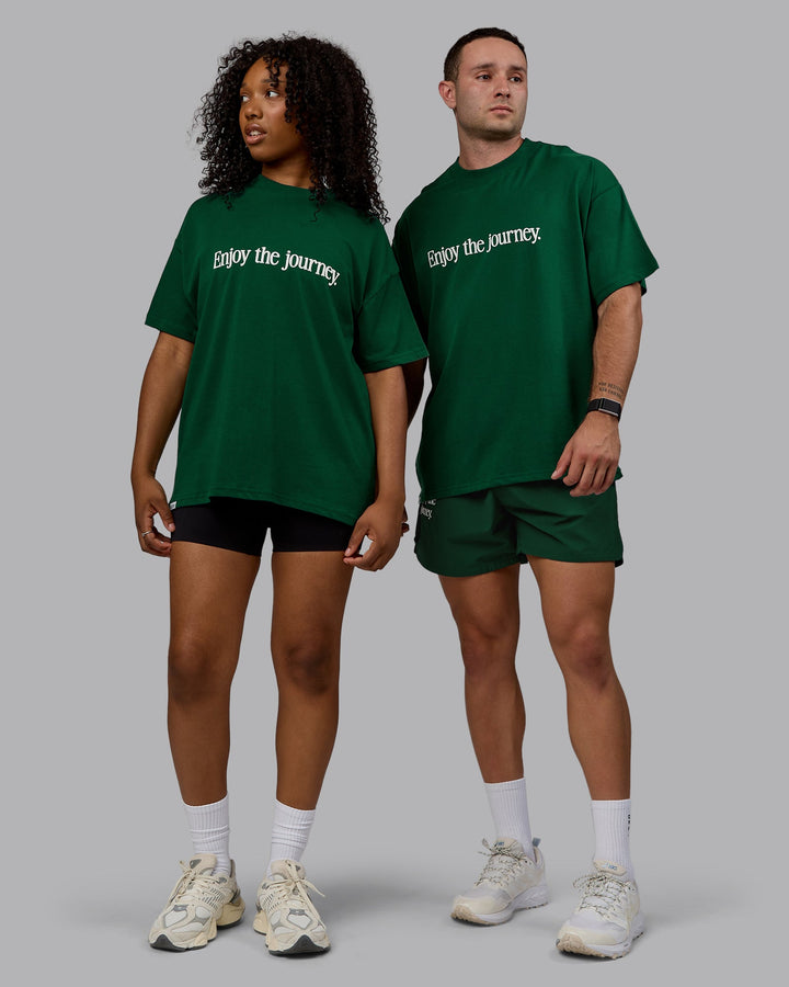 Duo wearing Unisex Enjoy The Journey Heavyweight Tee Oversize - Deep Emerald-Off-White
