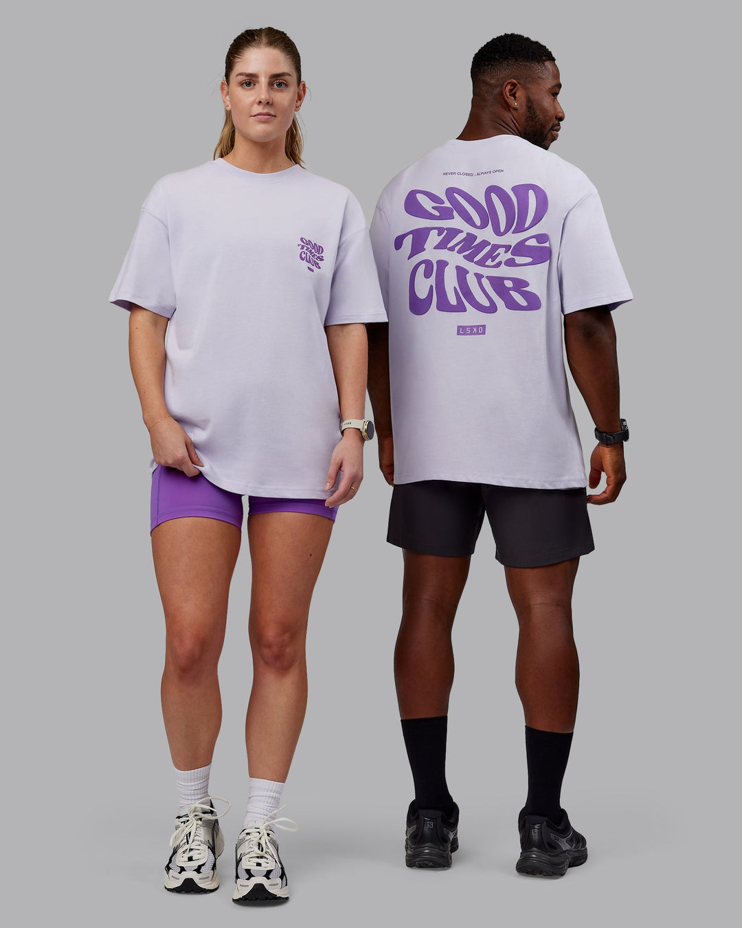 Duo wearing Unisex Good Times Heavyweight Tee Oversize - Purple Heather-Purple Swirl