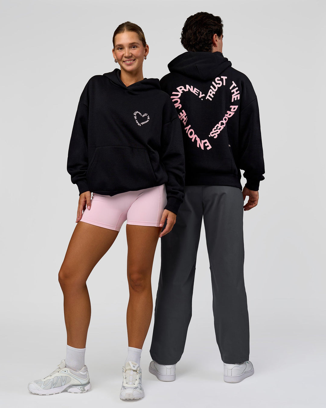 Duo wearing Unisex Love The Process Oversize Hoodie - Black-Marshmallow | Model:Both | Size:Duo