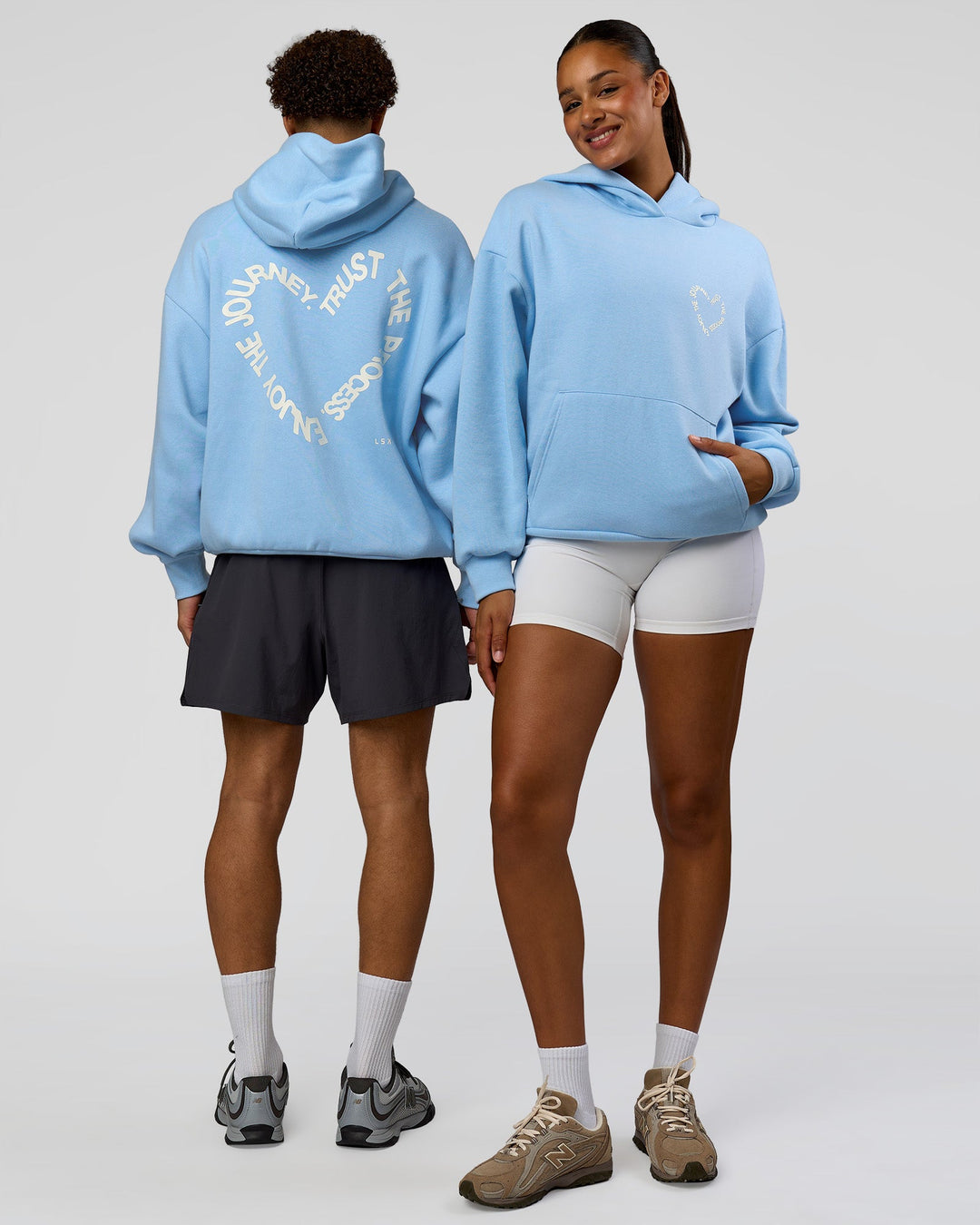 Duo wearing Unisex Love The Process Oversize Hoodie - Open Air-Off White | Model:Both | Size:Duo