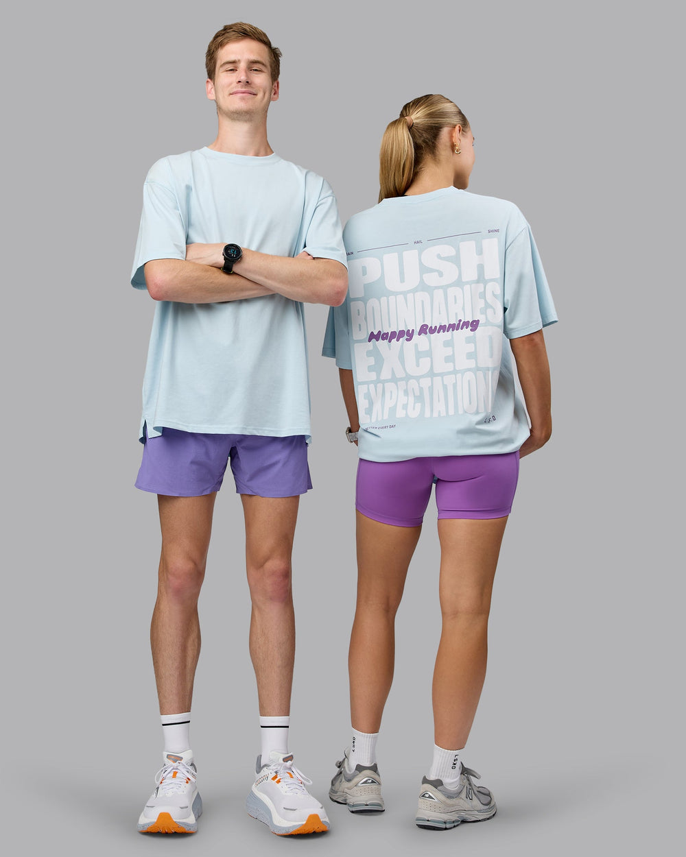 Duo wearing Unisex Push Boundaries FLXCotton Tee Oversize - Light Cyan-White