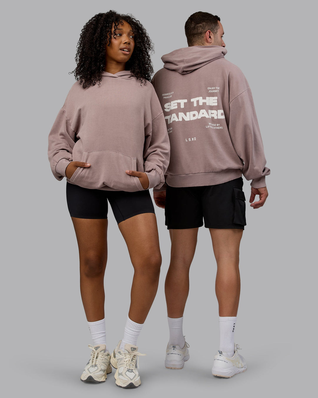 Duo wearing Unisex Washed Set the Standard Hoodie Oversize - Greyish Purple-Off White