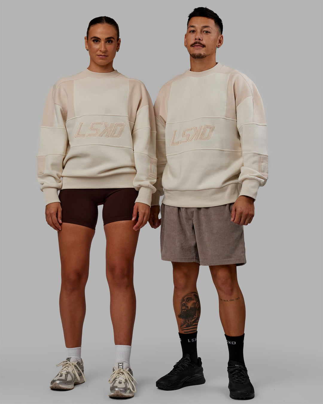 Duo wearing Unisex Slam Sweater Oversize - Bone-Pumice Stone