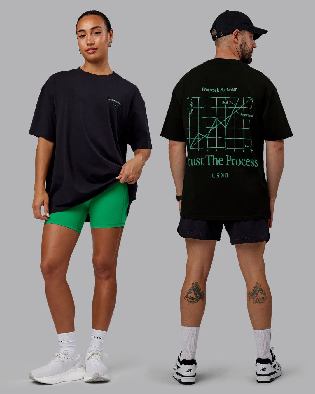 Duo wearing Unisex Trust The Process 2.0 FLXCotton Tee Oversize - Black-Impact Green