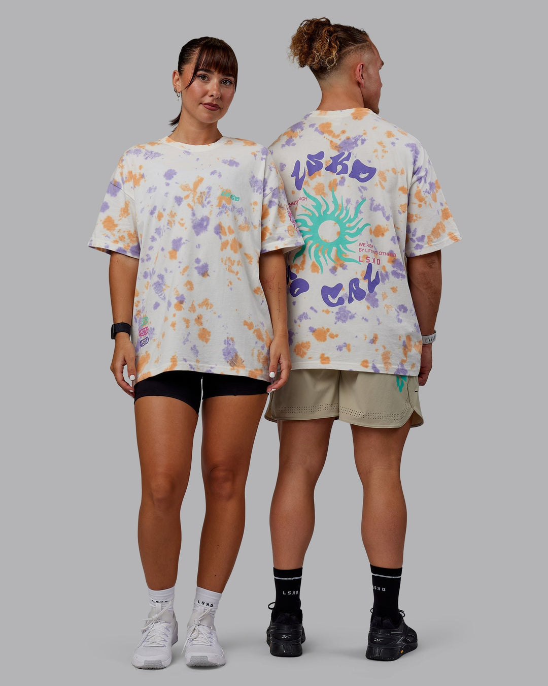 Duo wearing Unisex Washed Huntington 24 Heavyweight Tee Oversize - Tie Dye Tangerine-Dahlia Purple