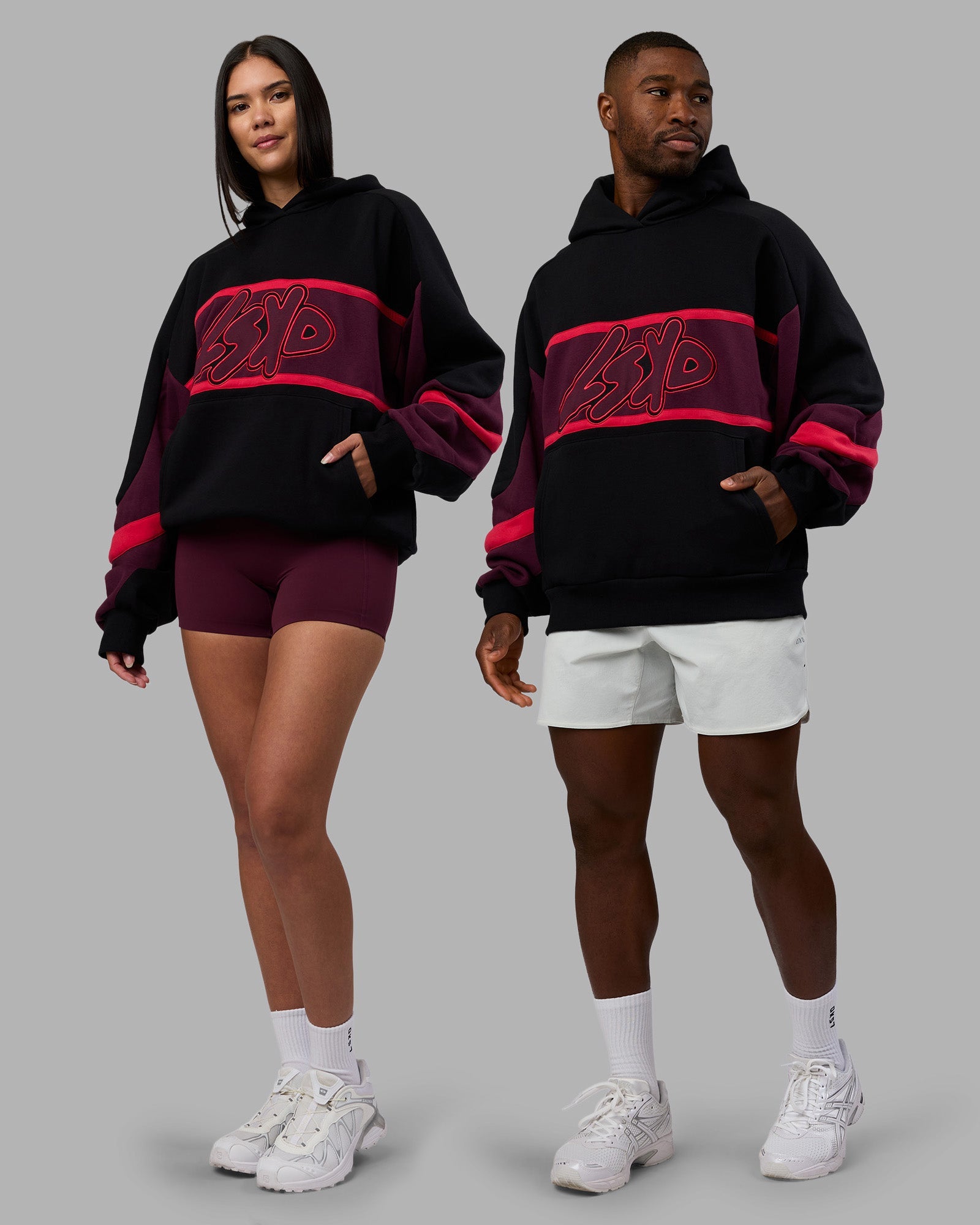 Duo wearing Vibe Oversized Unisex Hoodie - Black-Cherry Lacquer | Model:Both | Size:Duo
