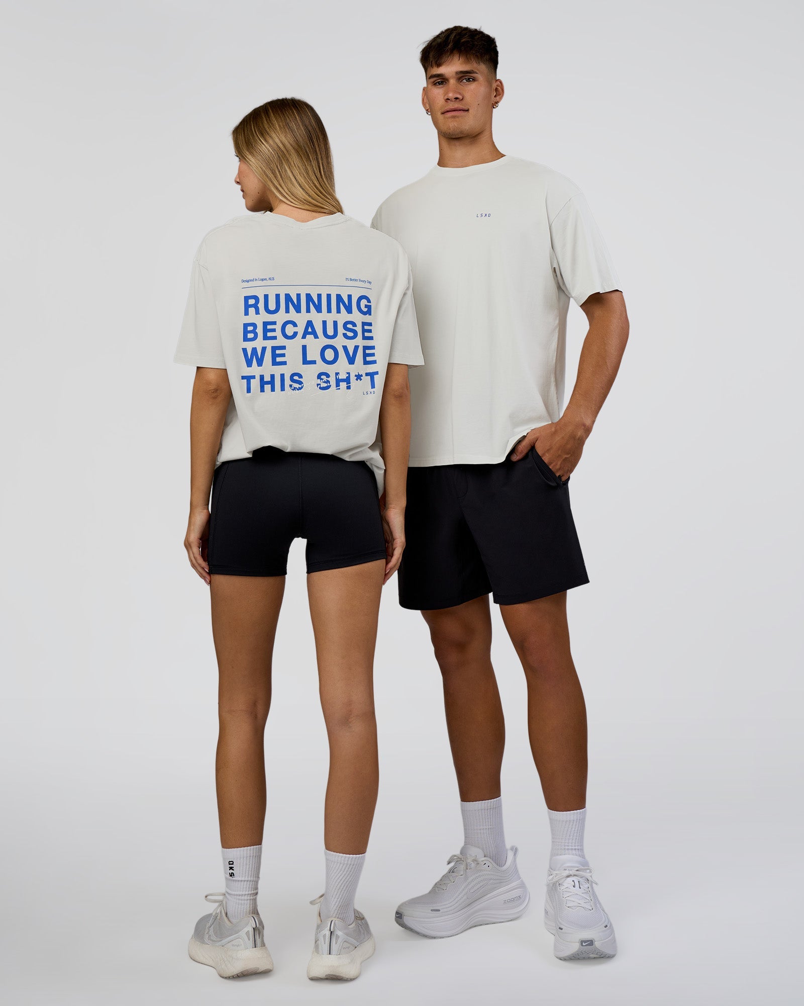 Duo wearing We Love This  FLXCotton Oversized Tee - Digital Mist Washed-Electric Indigo | Model:Both | Size:Duo