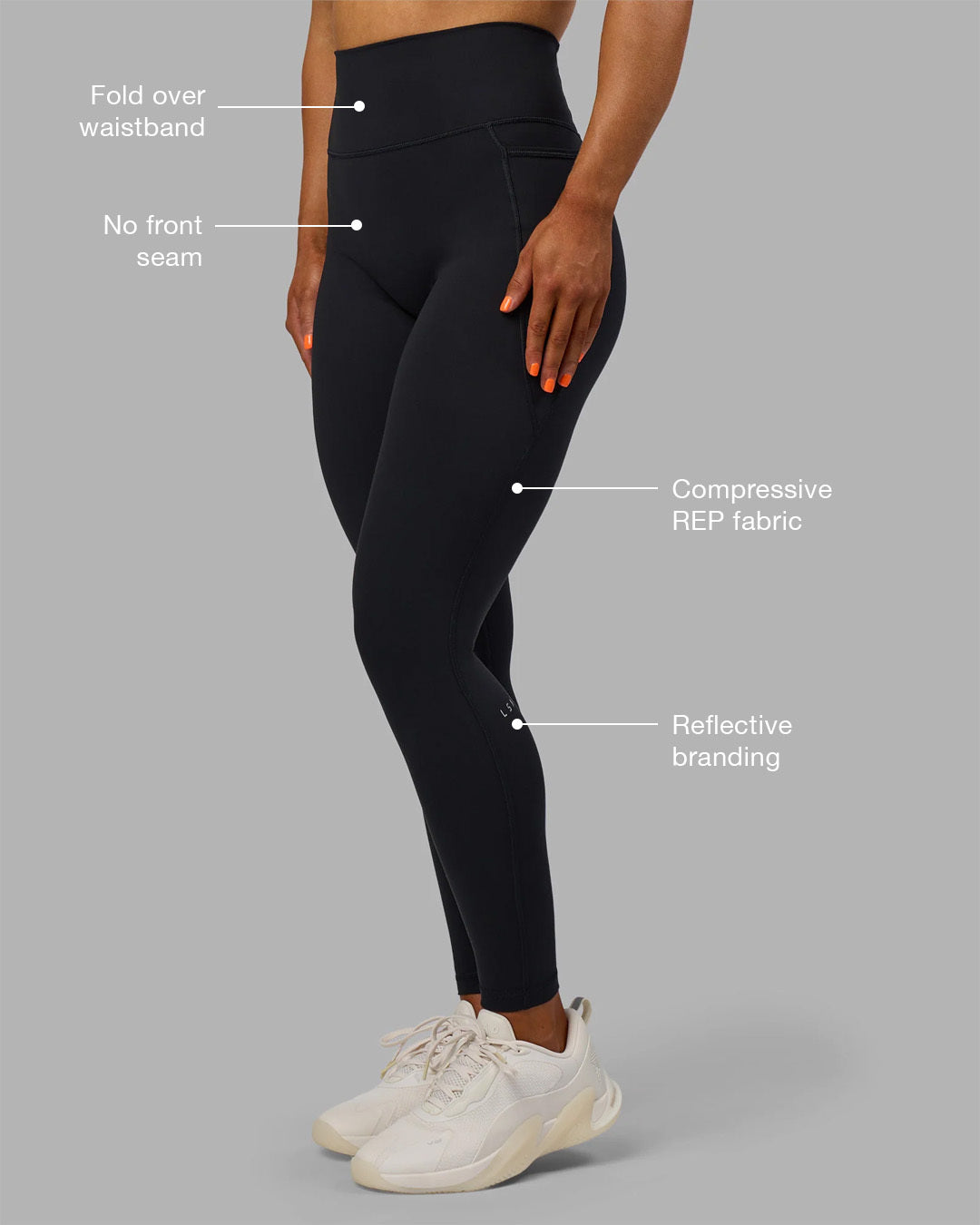 Woman wearing Fusion Ultra High-Rise Full Length Legging Pockets - Black | Model:Georgia | Size:S