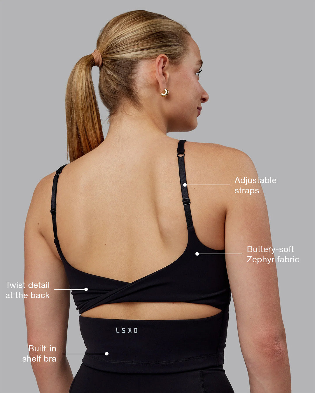 Woman wearing Twist Shelf Bra Tank - Black