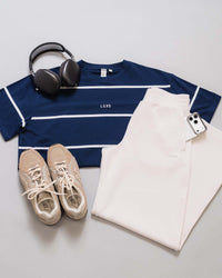 Woman wearing Go-To Stripe FLXCotton Oversized Tee - Future Navy-White