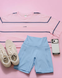 Woman wearing Go-To Stripe FLXCotton Oversized Tee - Marshmallow-Nightshadow
