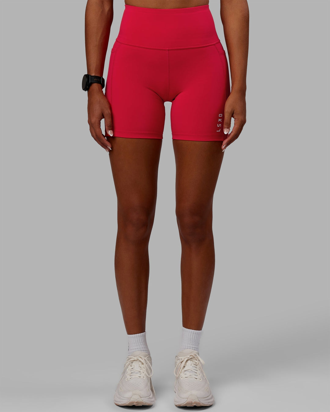 Women Wearing Flux Ultra High-Rise 6" Short Pockets - Scarlet