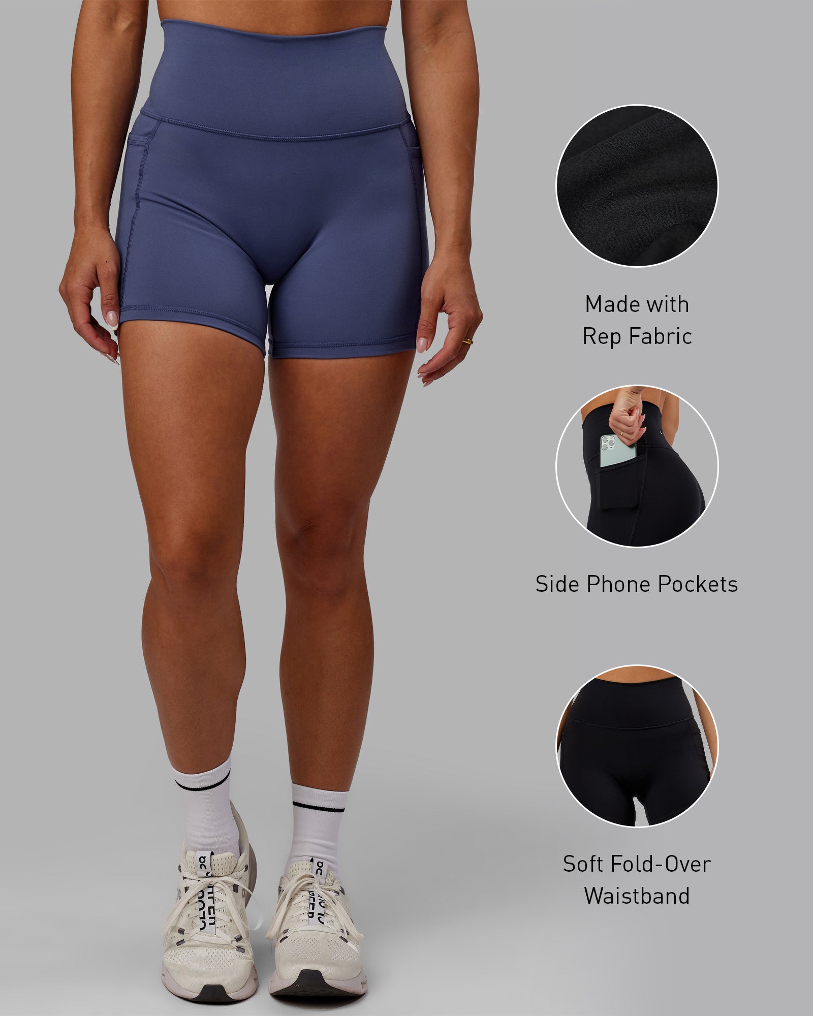 Woman wearing Fusion Ultra High-Rise 4" Short Pockets - Future Dusk | Model:Gabby | Size:S