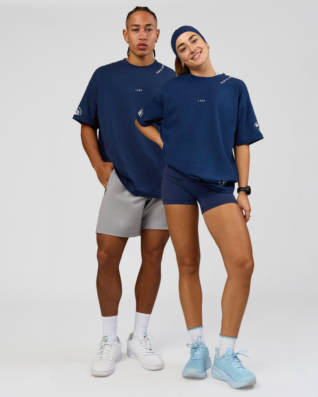 Duo wearing GG Heavyweight Oversized Tee - Future Navy | Model:Grace | Size:S | Model:Malebo | Size:M