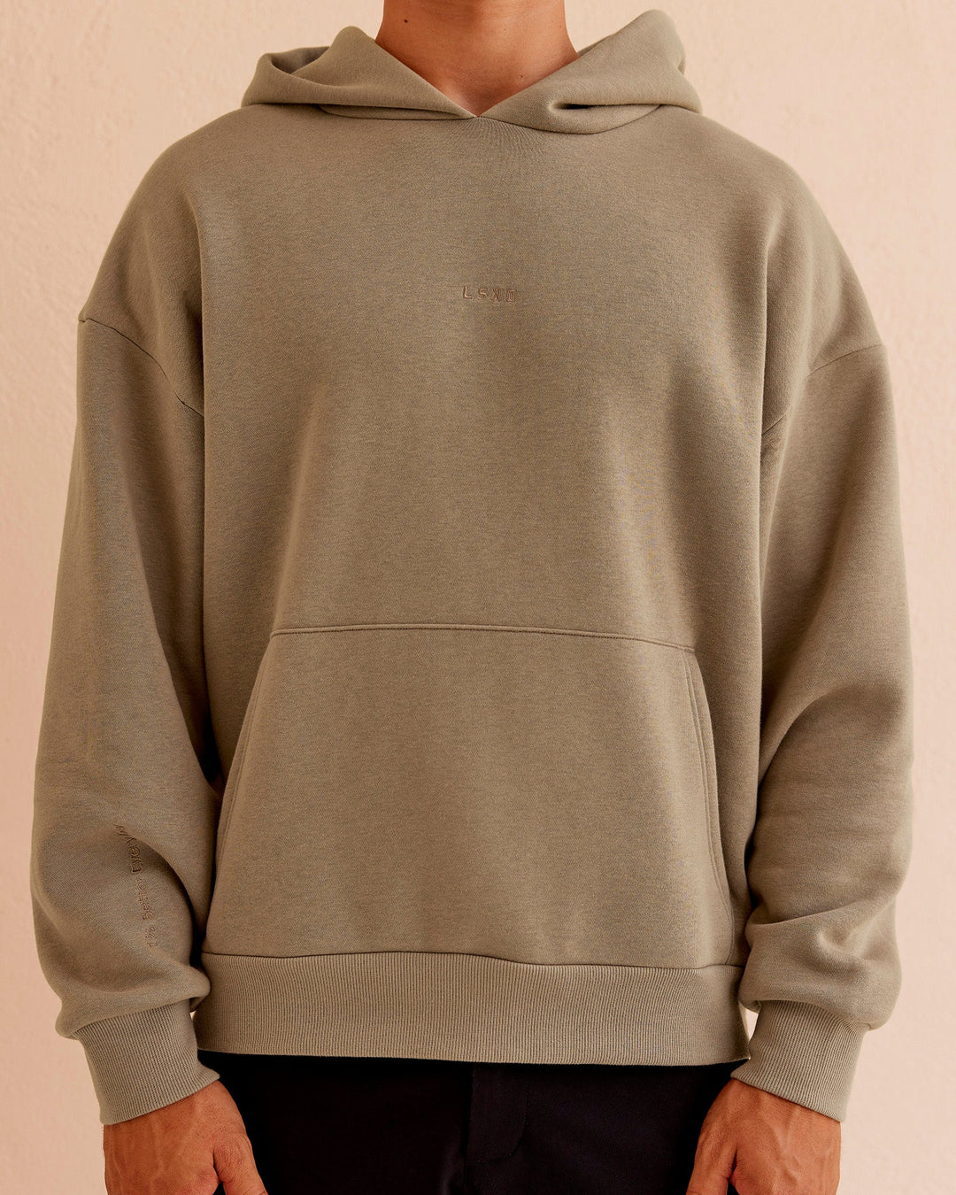 Man wearing Base Oversized Hoodie - Taupe Ash | Model:Jackson | Size:L