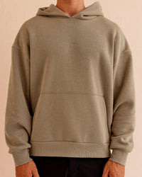 Man wearing Base Oversized Hoodie - Taupe Ash | Model:Jackson | Size:L