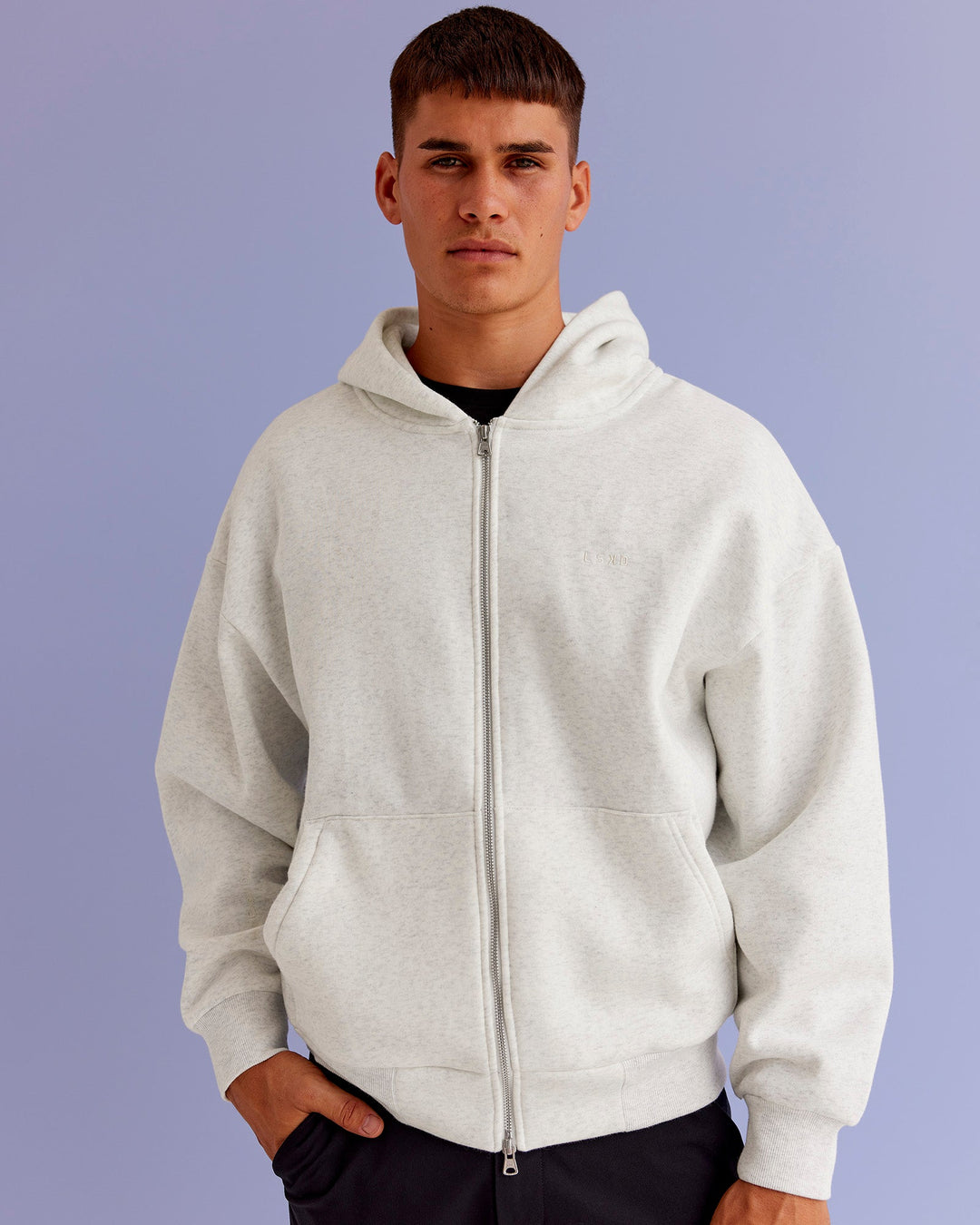 Man wearing Base Zip Through Oversized Hoodie - Silver Marl | Model:Jackson | Size:L