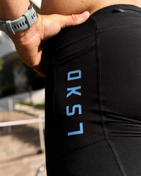Man wearing Race Day 8" Short Tight - Black-Palace Blue | Model:Cooper | Size:L