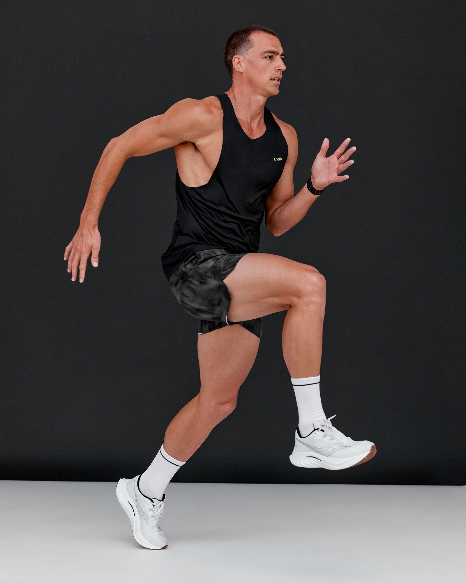 Man wearing Race Day Tank - Black-Yellow Fizz | Model:Conor | Size:L