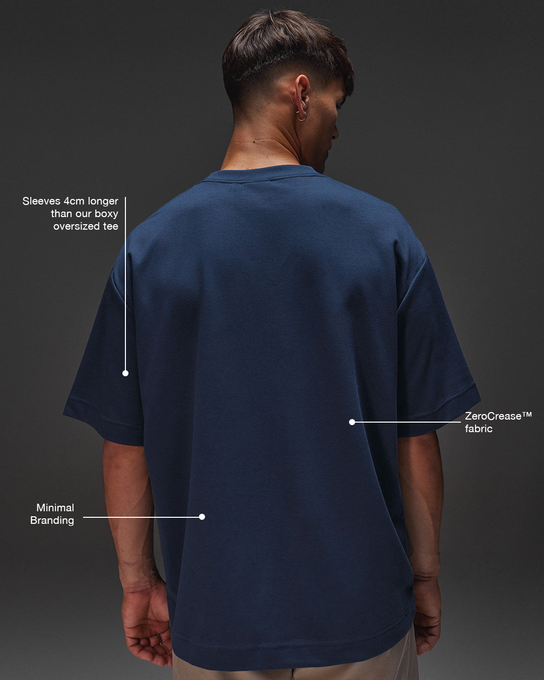 Man wearing AfterDark ZeroCrease Oversized Tee - Future Navy | Model:Jackson | Size:L