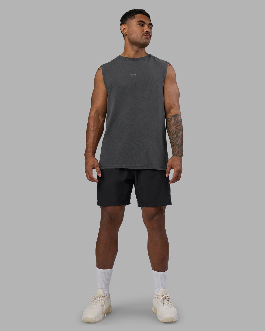 Man wearing Base FLXCotton Tank - Dark Storm Washed | Model:Xav | Size:L