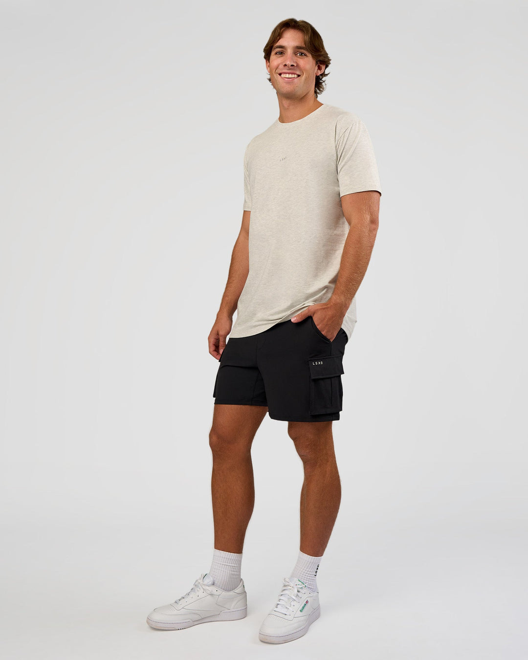 Man wearing Base Heavyweight FLXCotton Tee Regular Fit +2cm - Silver Marl | Model:Marcus | Size:L - view 5