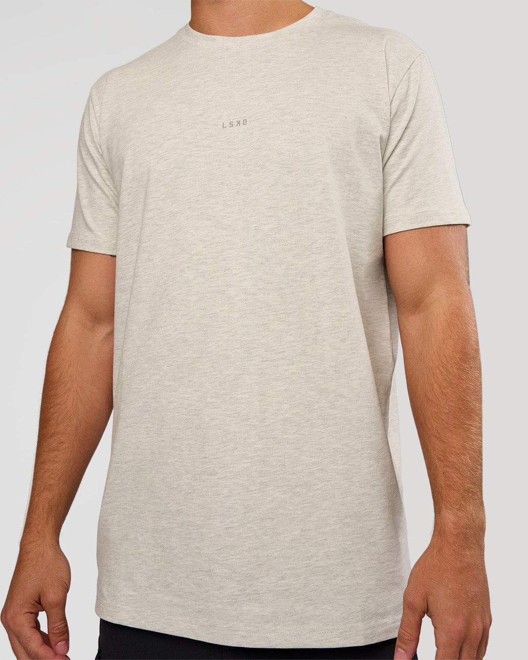 Man wearing Base Heavyweight FLXCotton Tee Regular Fit +2cm - Silver Marl | Model:Marcus | Size:L - view 4