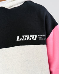 Man wearing Deconstructed Fleece Hoodie - Caviar-Candy Pink-Grey Marl | Model:Xav | Size:L