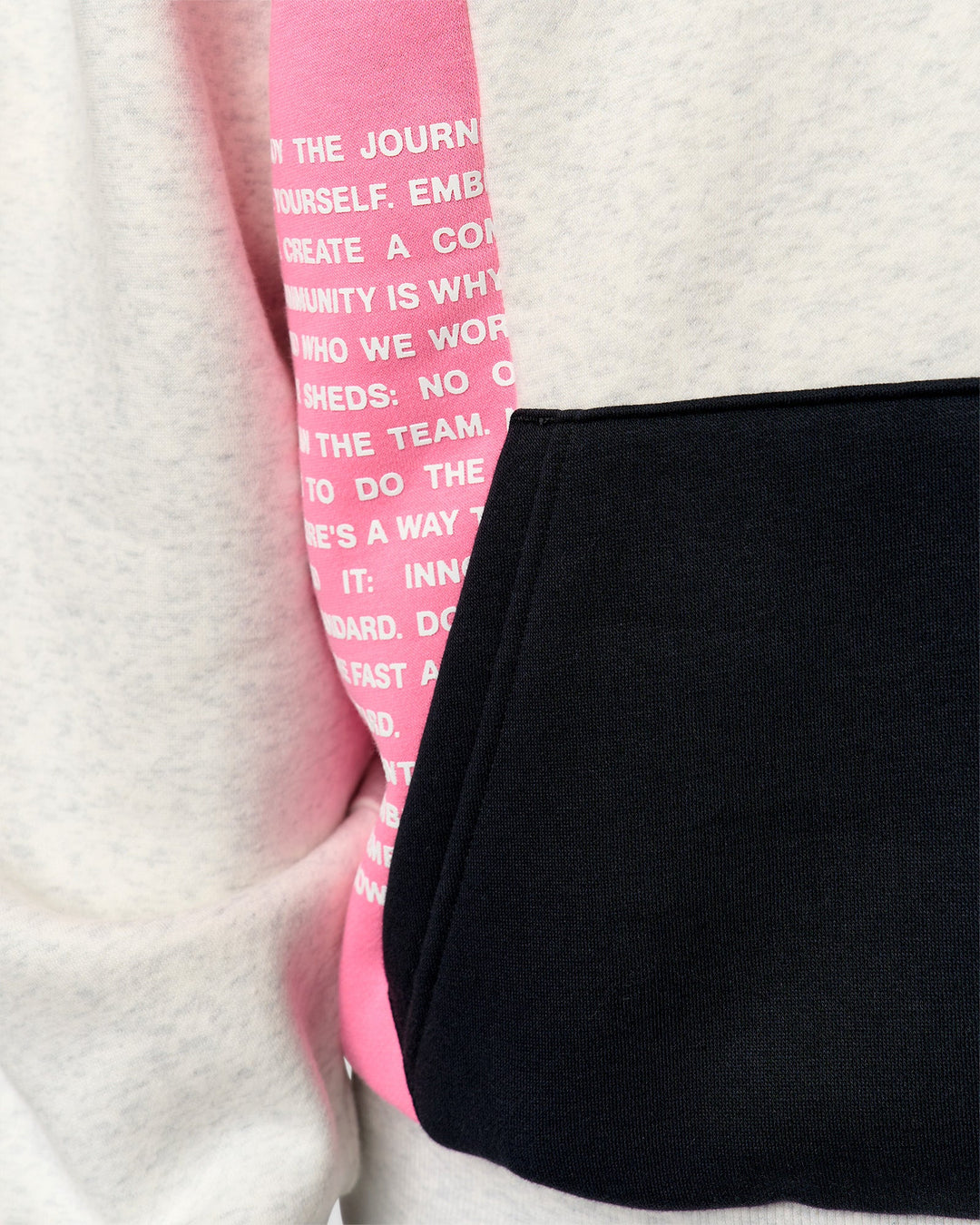 Man wearing Deconstructed Fleece Hoodie - Caviar-Candy Pink-Grey Marl | Model:Xav | Size:L