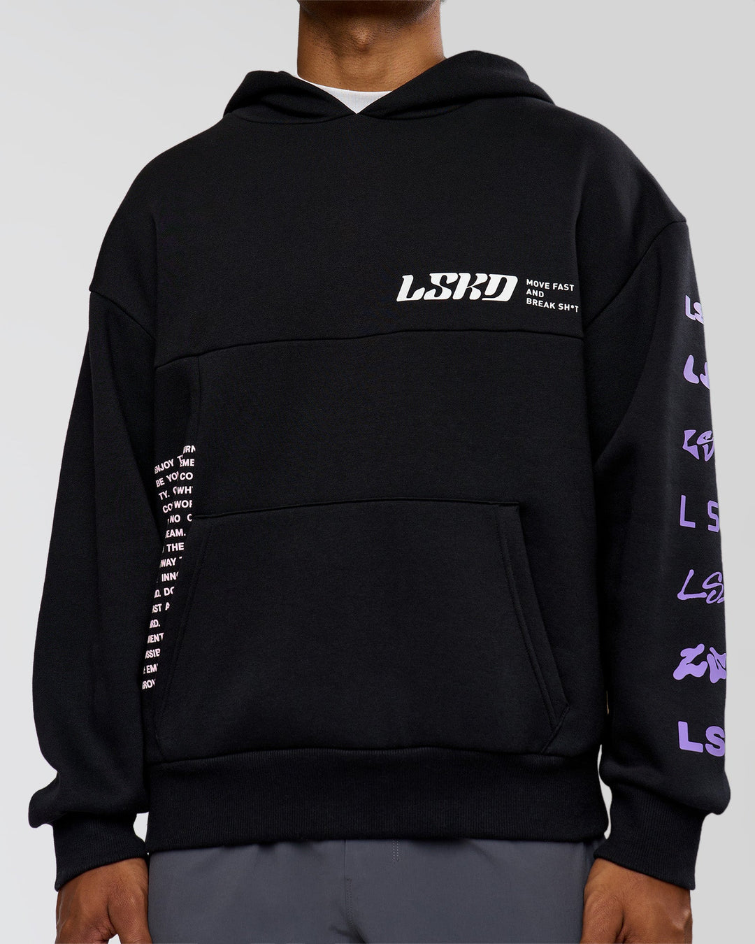 Man wearing Deconstructed Fleece Hoodie - Caviar-Marshmallow-Pale Lilac | Model:Xav | Size:L