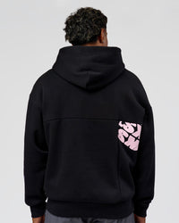 Man wearing Deconstructed Fleece Hoodie - Caviar-Marshmallow-Pale Lilac | Model:Xav | Size:L