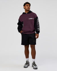 Man wearing Deconstructed Fleece Hoodie - Caviar-Midnight Plum | Model:Xav | Size:L