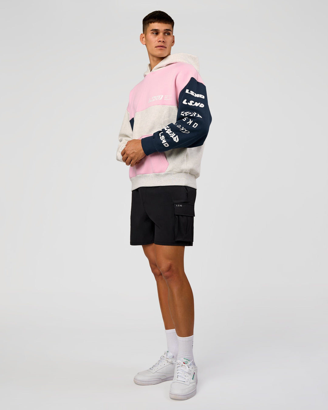 Man wearing Deconstructed Fleece Hoodie - Grey Marl-Marshmallow-Navy | Model:Jackson | Size:L - view 3