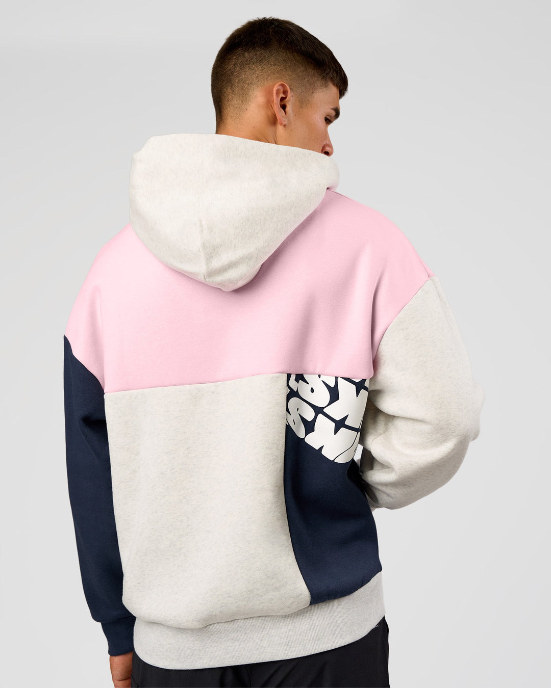 Man wearing Deconstructed Fleece Hoodie - Grey Marl-Marshmallow-Navy | Model:Jackson | Size:L - view 6