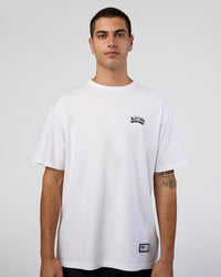 Man wearing Grid FLXCotton Oversized Tee - White-Black | Model:Zoran | Size:L