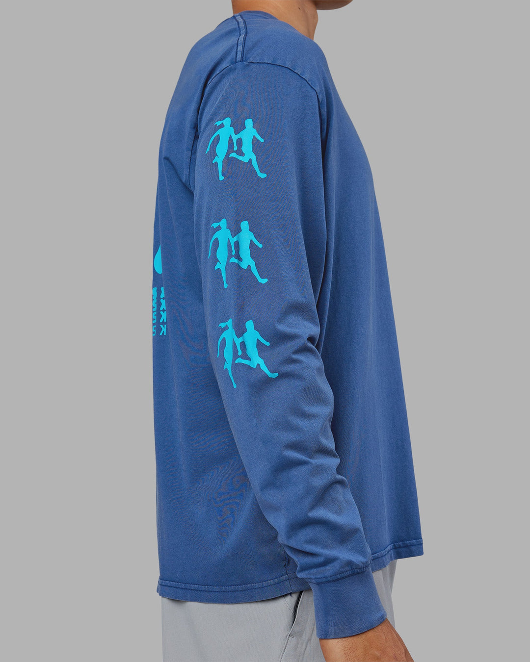 Man wearing Inferno Journey FLXCotton Oversized Long Sleeve Tee - Midnight Blue-Blue Bird | Model:Jackson | Size:L