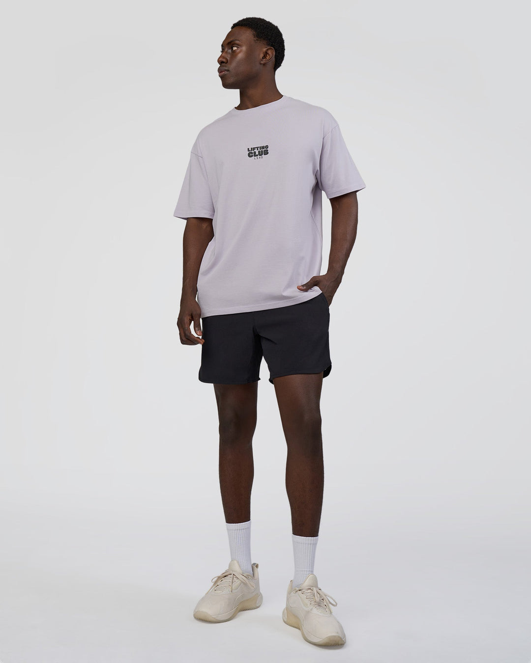 Man wearing Kettle B FLXCotton Oversized Tee - Galactic Lilac-Black | Model:Paabio | Size:L - view 6