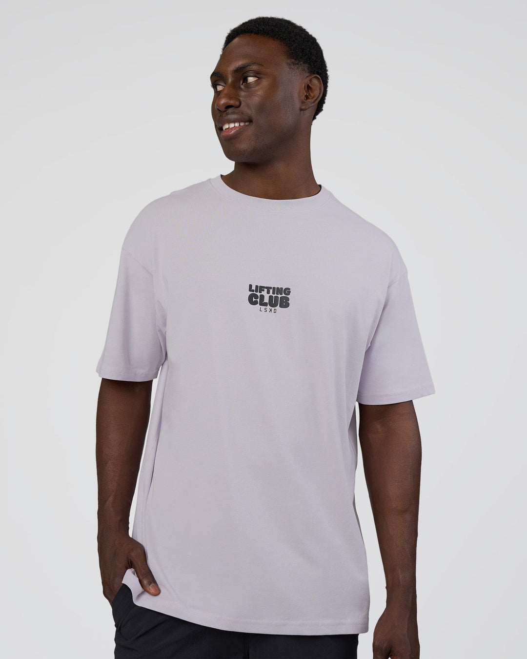 Man wearing Kettle B FLXCotton Oversized Tee - Galactic Lilac-Black | Model:Paabio | Size:L - view 2