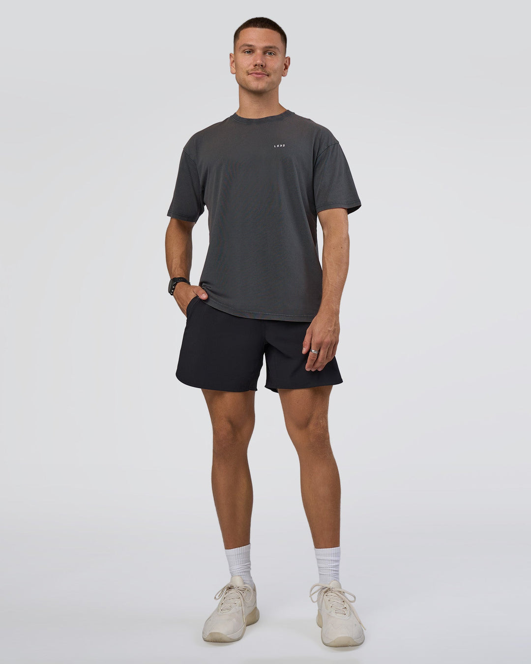 Man wearing Lifting FLXCotton Oversized Tee - Black Washed-Flame | Model:Nikola | Size:L