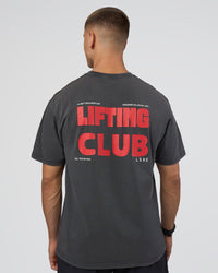 Man wearing Lifting FLXCotton Oversized Tee - Black Washed-Flame | Model:Nikola | Size:L